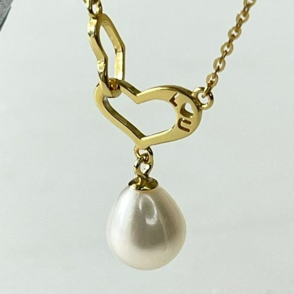 Stamped I LOVE U 18K Gold Plated Natural Drop Pearl‎ Heart Pendant Necklace 18in - Picture 9 of 14
